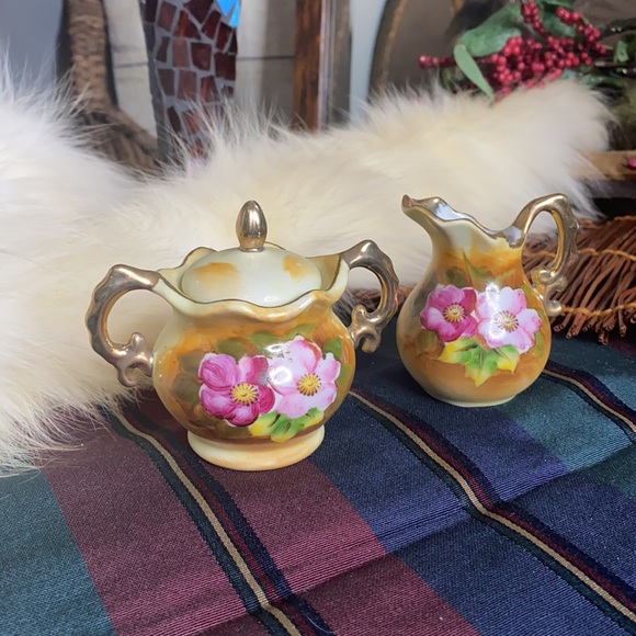 . Vintage Fresco Sugar Bowl & Creamer Set - Hand Painted Floral Pattern Set - Picture 2 of 11